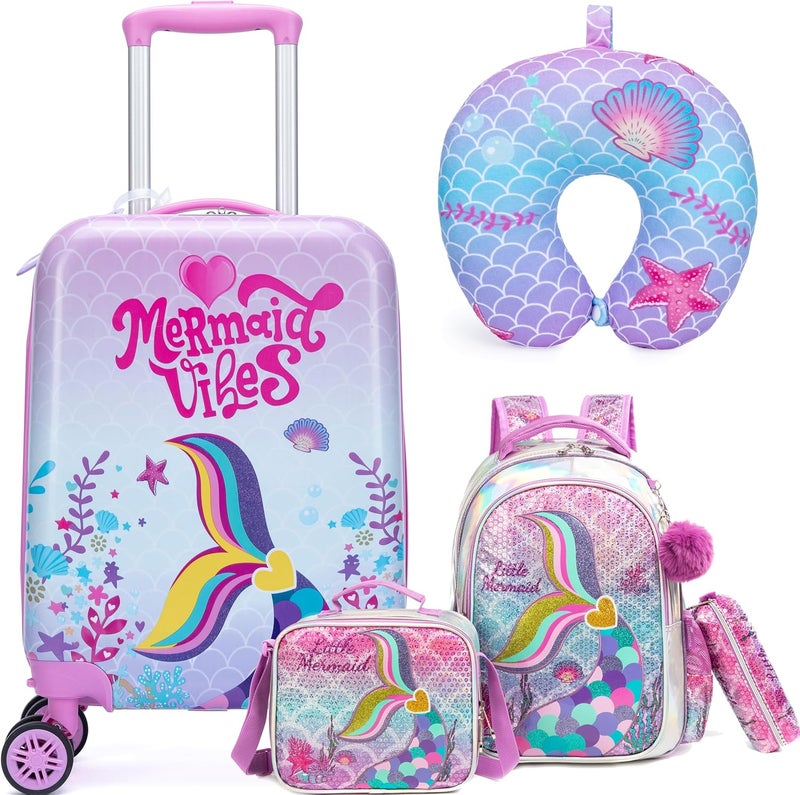 Inprof Cute Pink Mermaid Kid’s Luggage Set 5 Piece Suitcase Set 16’’ Hardside Luggage with Spinner Wheels Girls Boys Carry on Toddler Luggage Travel Rolling Luggage Carry on Luggage Airline Approved - Image 1